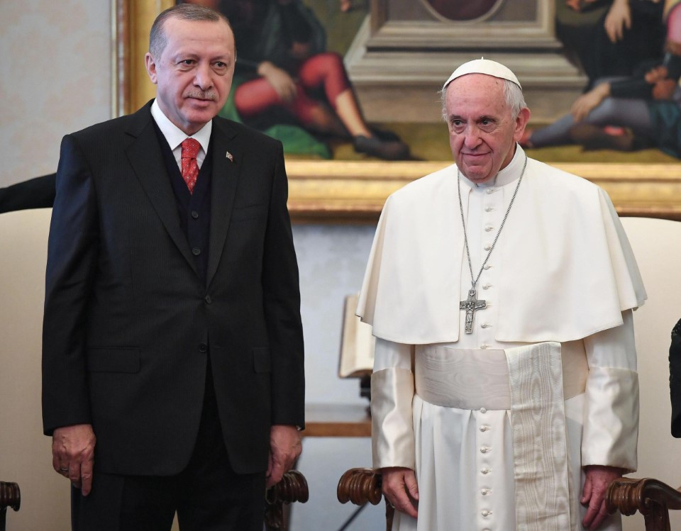 Pope Francis And Turkish President Tayyip Erdogan Pose During A Private Audience At The Vatican
