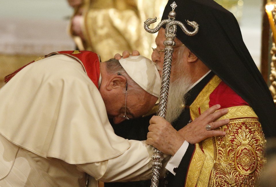 Pope Francis, Ecumenical Patriarch Bartholomew Of Constantinople Embrace During Prayer Service In Istanbul