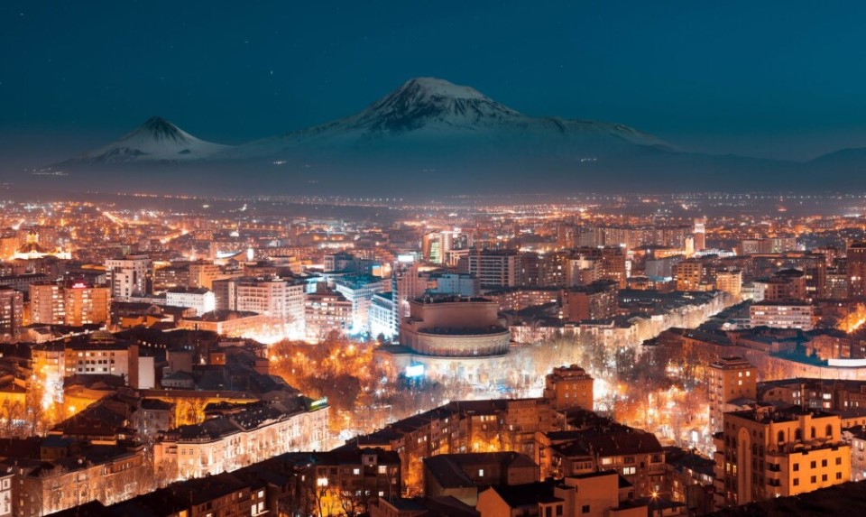 Night In Yerevan, Armenia From Cascade, Ararat Mountain At The Background