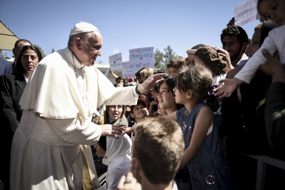 Handout Photo Of Pope Francis Greeting Migrants And Refugees At Moria Refugee Camp Near The Port Of Mytilene, On The Greek Island Of Lesbos