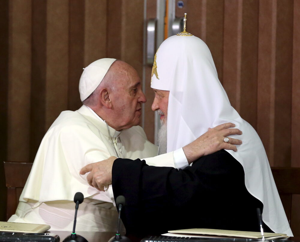 Pope Francis and Russian Orthodox Patriarch Kirill hug each other after signing agreements in Havana