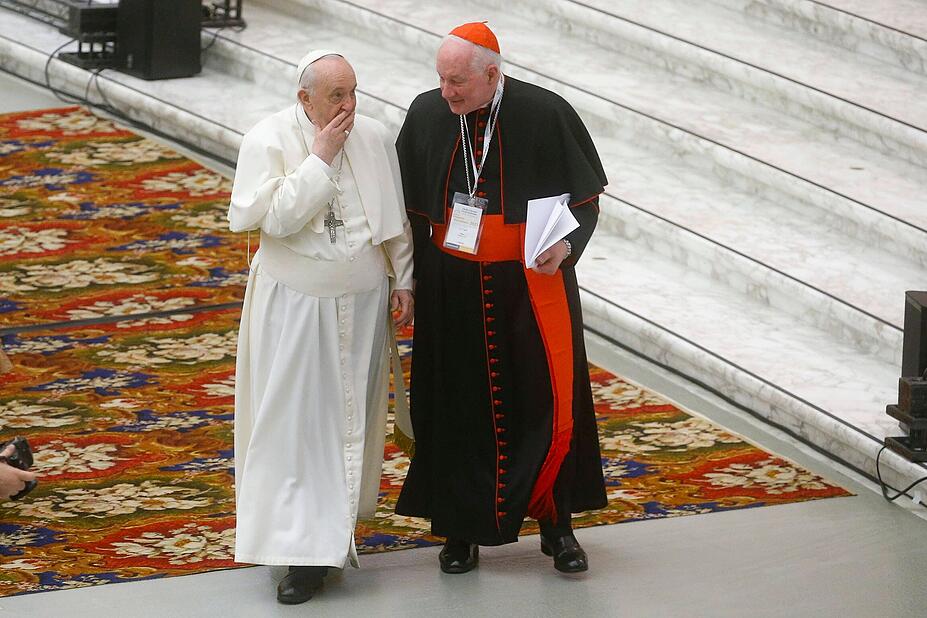 February 17, 2022, VATICAN CITY, VATICAN: Pope Francis and cardinal Marc Ouellet during an international symposium Fo