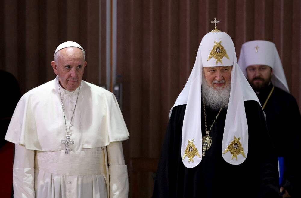FILE PHOTO: Pope Francis and Russian Orthodox Patriarch Kirill stand together after a meeting in Havana