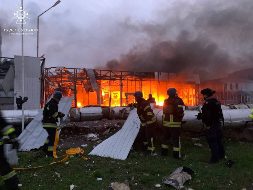 Ukrainian emergency services battle a fire following missile attacks on Zaporizhzhia