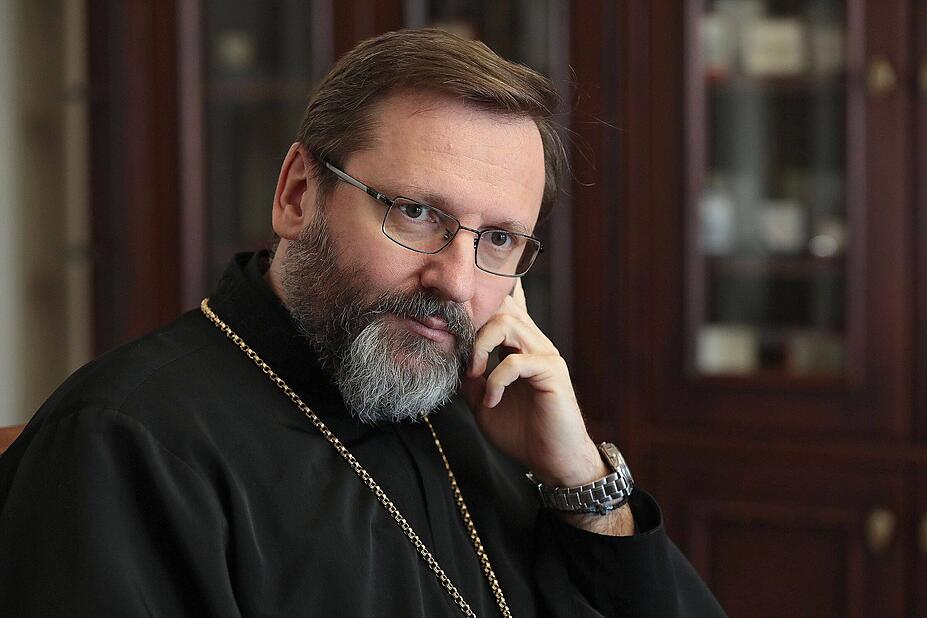 Patriarch of the Ukrainian Greek Catholic Church UGCC His Beatitude Sviatoslav is seen in his stud