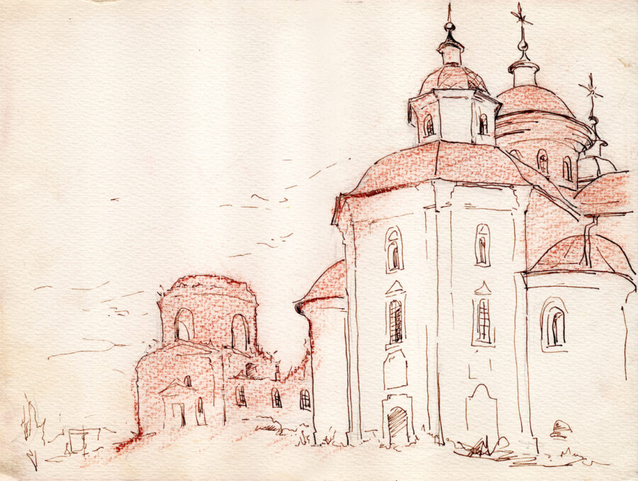Pencil, Ink and pen landscape drawing on a watercolor paper. Ukrainian Baroque cathedral fragment and church ruins in Chernihiv region
