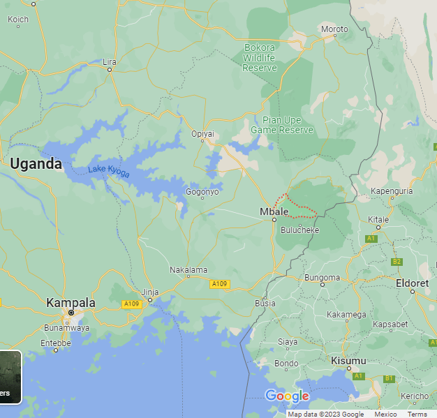 Location of Sironko District north of Mbale Uganda. Mapdata 2023 Google