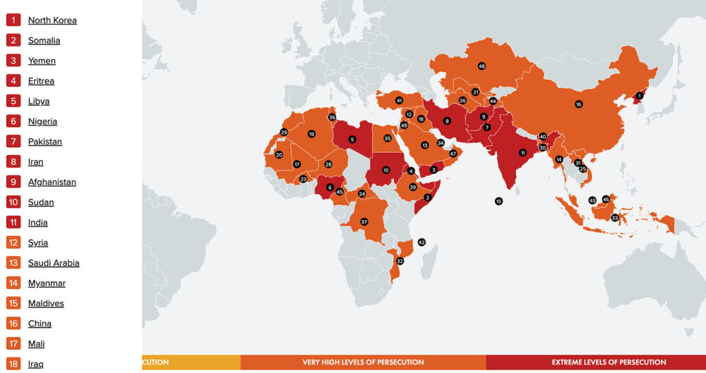 A map of the 2023 World Watch List by Open Doors. Screen grab