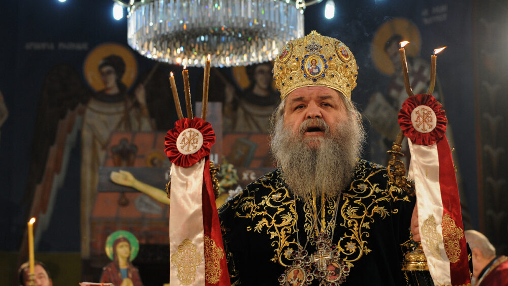The head of the Macedonian Orthodox church archbishop Stefan blesses the believers during the Christmas mass
