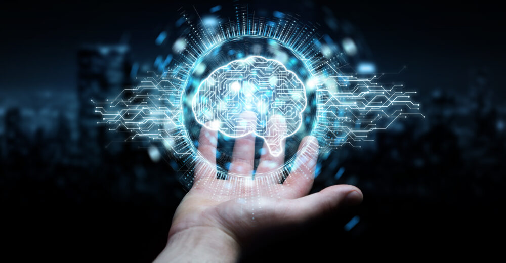 Businessman,On,Blurred,Background,Using,Digital,Artificial,Intelligence,Icon,Hologram