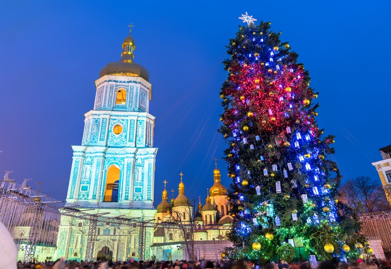 Christmas tree and Saint Sophia Cathedral, a UNESCO world heritage site in Kiev, Ukraine