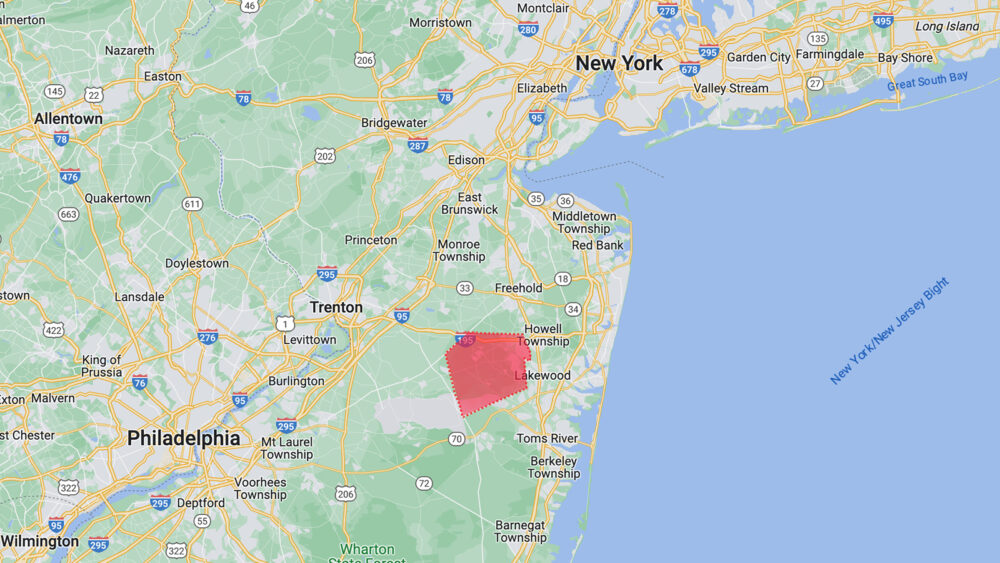 Jackson Township, red, in New Jersey. Image courtesy Google Maps