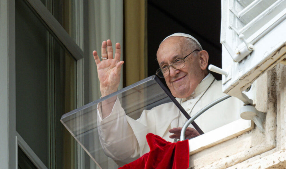 Pope Francis leads the Angelus prayer from his window at the Vatican