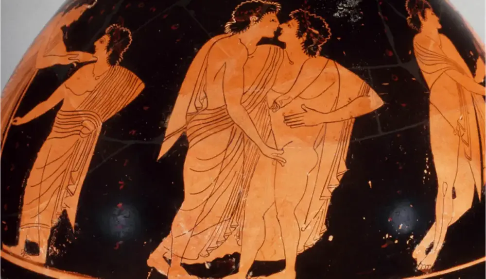 Attic red figure psykter erotic scene