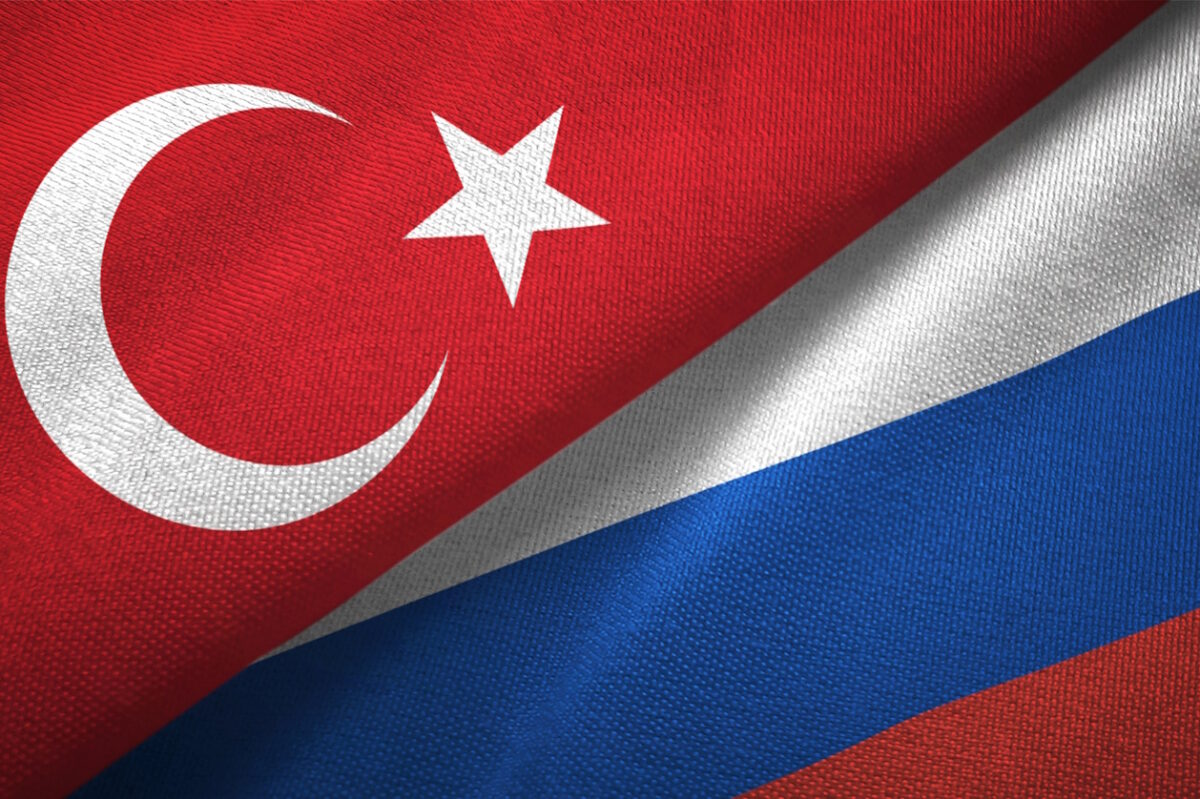 Russia And Turkey Two Flags Together Textile Cloth Fabric Texture
